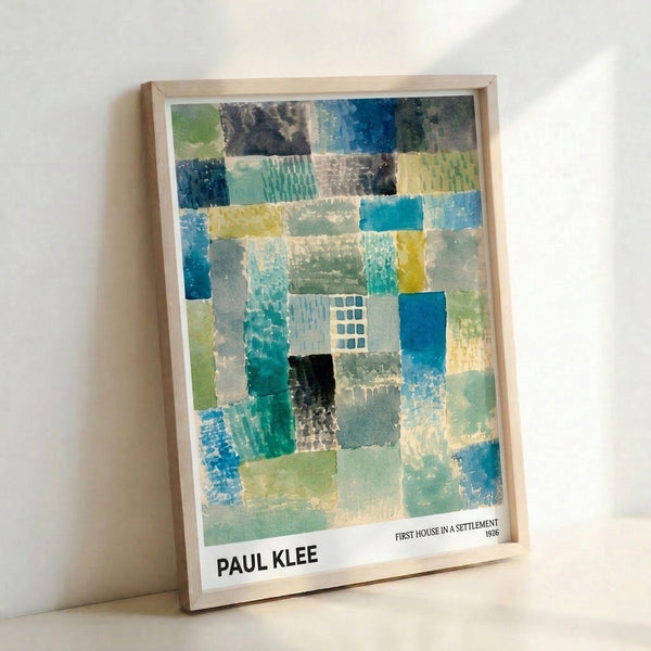 Paul Klee's 1926 abstract house artwork displayed as a framed print, showcasing layered geometric elements in tranquil teal and cream hues.