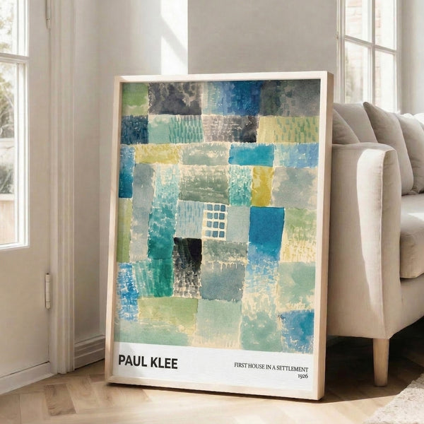 Geometric abstract poster inspired by Bauhaus principles, with interlocking shapes in yellow, gray, and green creating a serene architectural composition.