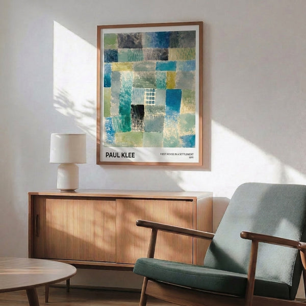 Abstract settlement composition by Paul Klee as a wall-mounted print, featuring structured geometric forms in cool and warm neutral tones.