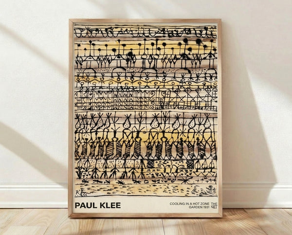 Abstract Bauhaus garden scene with geometric figures and plants in cream, black, and ochre tones, framed as a poster on a wall.