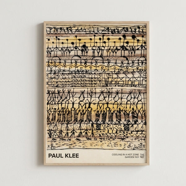 Minimalist landscape poster featuring whimsical figures among stylized vegetation in warm, muted colors and geometric forms.