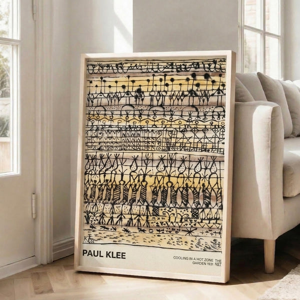Geometric abstract artwork depicting a cooling garden scene with figures and plants in cream and tan hues, presented as wall art.