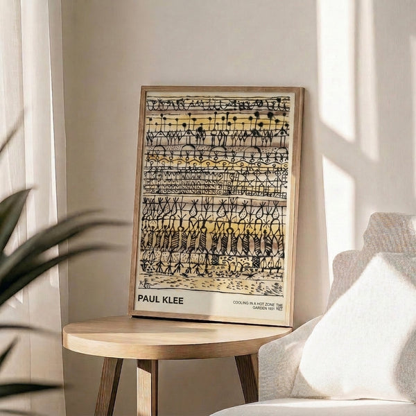 Framed Bauhaus print showing an imaginative landscape with minimalist figures nestled among angular plant forms in earthy tones.
