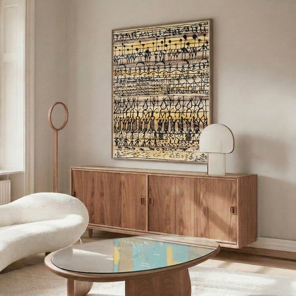 Abstract garden poster with whimsical geometric composition featuring figures and foliage in cream, black, and ochre.