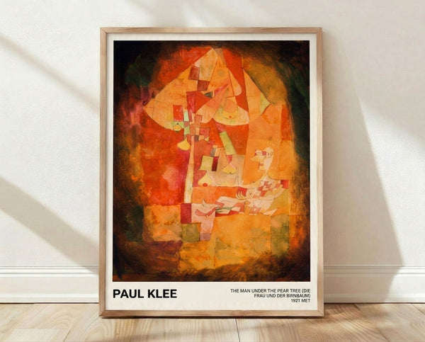 Abstract Bauhaus art print featuring a contemplative man beneath a pear tree, rendered in warm ochre, orange, and red tones with mystical geometric forms.