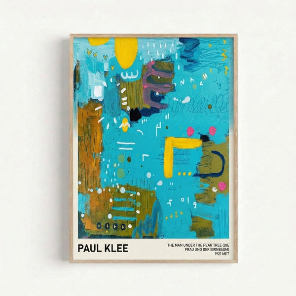 Framed modern poster displaying Paul Klee's composition of a solitary figure under a pear tree, combining warm earth colors with abstract Bauhaus design elements.
