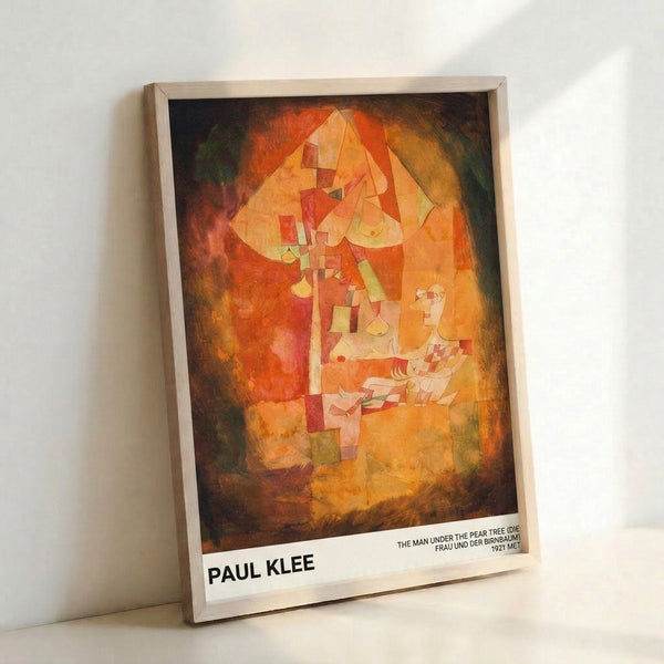 Warm-toned abstract artwork showing a man in a contemplative pose beneath a pear tree, executed in characteristic Bauhaus style with ochre, red, and cream hues.