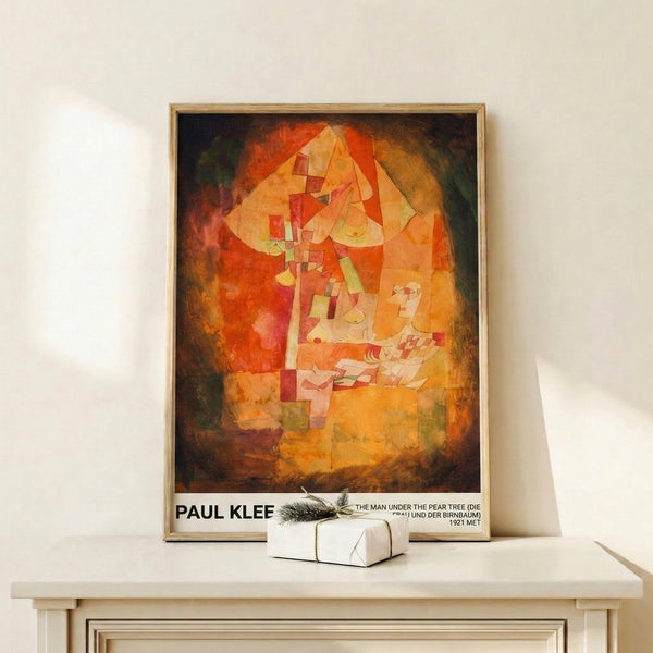 Paul Klee-inspired wall art depicting a figure beneath a pear tree in mystical abstract form, featuring rich warm colors of orange, brown, and ochre.