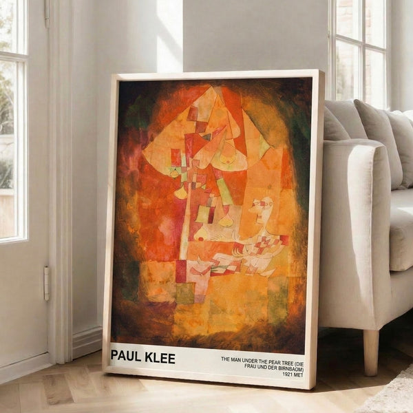 Modern Bauhaus print on wall showing an introspective man under a stylized pear tree, rendered in warm earth tones and geometric abstract shapes.