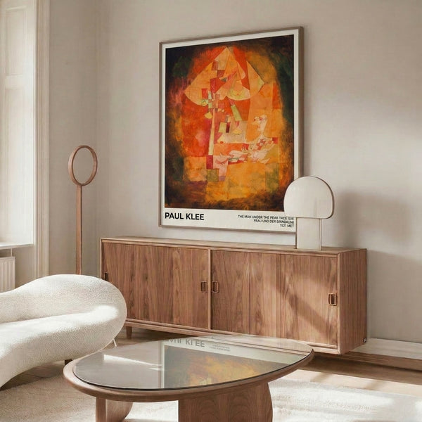 Wall-mounted art print in Bauhaus style presenting a man under a pear tree through warm, earthy abstraction with mystical geometric forms in cream and brown tones.