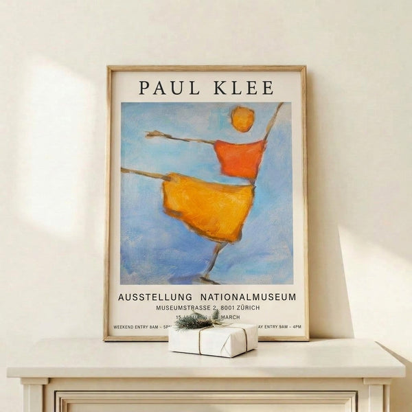 Modern art print in the Klee style showing a playful figure with contemplative mood, rendered in sky blue, burnt orange, and cream on a gallery-quality poster.