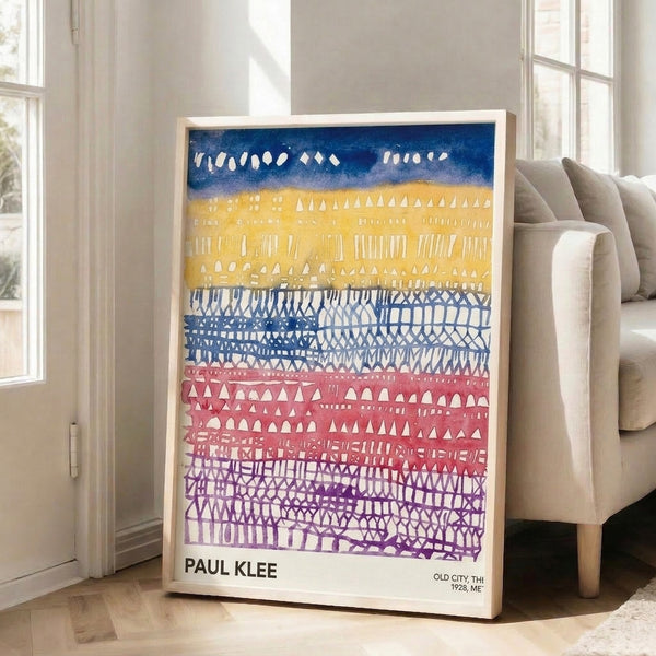 Geometric cityscape poster with Bauhaus sensibility; layered structures in cool blues, warm golds, and mauve tones create contemplative mood.