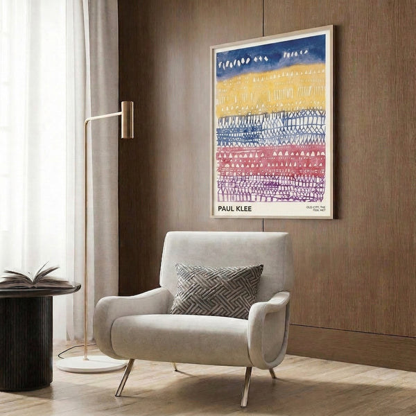 Modernist wall art featuring a stylized old city composition with layered architectural shapes in a sophisticated palette of blue, rose, and gold.