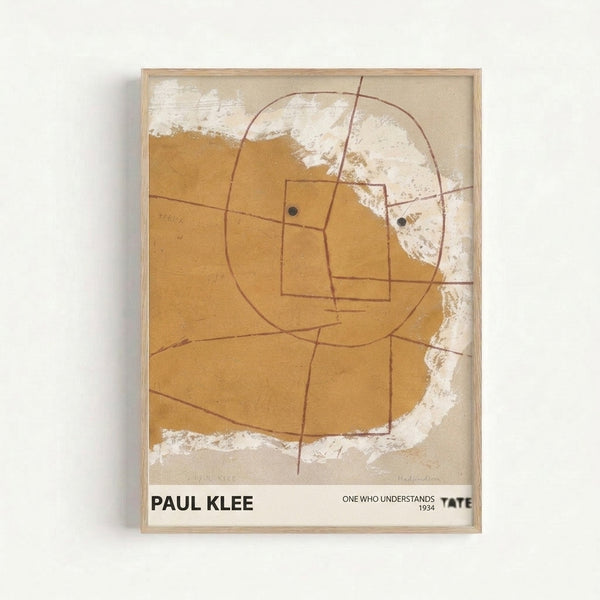 Paul Klee's One Who Understands framed poster displaying an intellectually contemplative abstract head composed of geometric shapes in warm earthy colors.