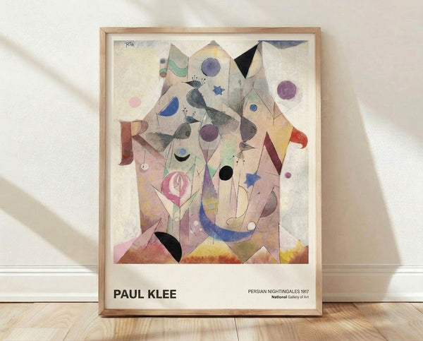 Abstract Bauhaus poster featuring geometric nightingales and celestial elements in cream, purple, and blue tones, with whimsical circles and stars creating a mystical mood.