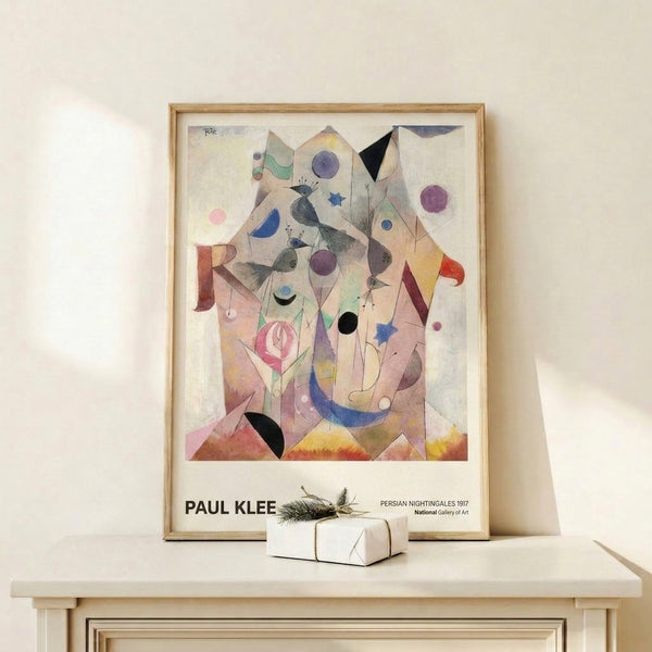 Whimsical Klee-inspired poster displaying nightingales rendered as abstract forms with circles and celestial symbols in a palette of cream, purple, and ochre.