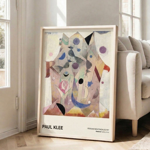 Modern wall art print featuring geometric nightingales and flowers with mystical star and circle elements in purple, blue, and pink hues.