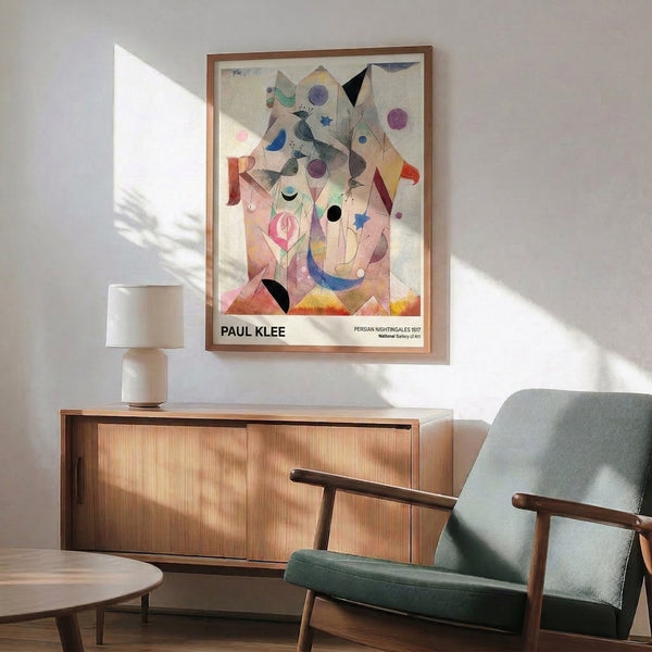 Bauhaus-style framed poster with abstract birds and botanical imagery in cream, ochre, purple, and blue creating an ethereal, contemplative aesthetic.