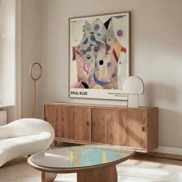 Modernist art print depicting stylized Persian nightingales as geometric shapes and circles in soft cream, pink, purple, and blue tones with whimsical starry details.