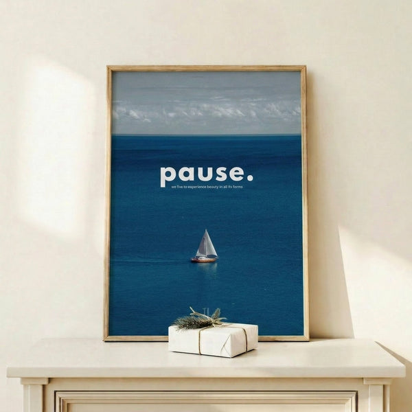 Contemplative coastal poster showing a sailboat on deep blue seas with soft gray and white cloud formations, rendered in clean minimalist aesthetics.