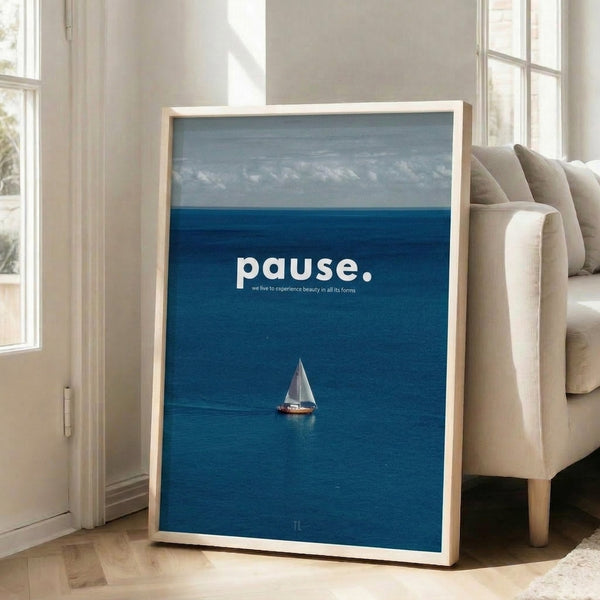 Serene sailboat wall art in teal and cream with a thoughtful composition of sky and ocean, embodying tranquil minimalist coastal imagery.