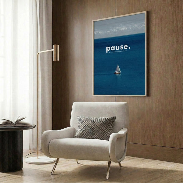 Sailboat on calm waters framed as modern coastal décor, blending deep blues and whites in a minimalist style that evokes peaceful maritime reflection.