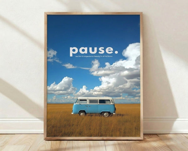 Minimalist framed poster featuring a serene VW van parked in a golden tan field beneath a soft blue sky with white clouds, evoking a peaceful, reflective mood.