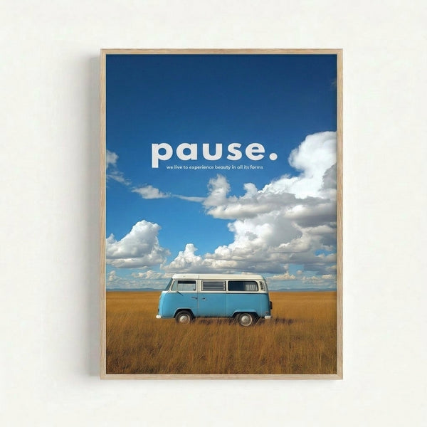 Modern art print on wall showing a retro Volkswagen van in a sunlit landscape with cyan and golden tones, capturing a calm, inspirational travel aesthetic.