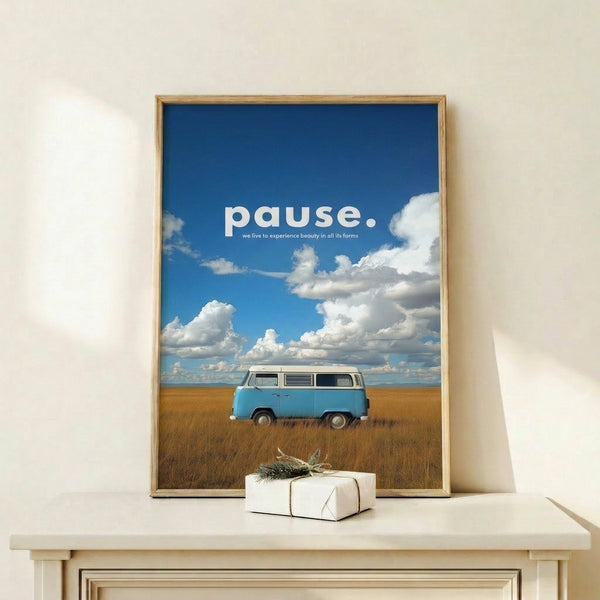 Contemporary wall art displaying a solitary VW van in a serene golden landscape with soft clouds, rendered in a clean, modern minimalist style.