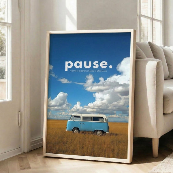 Minimalist framed print of a peaceful VW van scene in warm golden and sky blue hues, conveying a reflective, wanderlust-inspired mood.