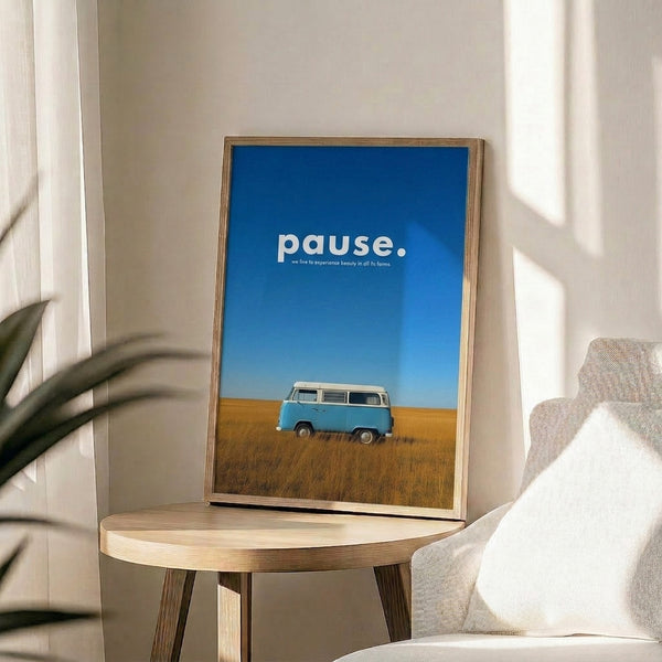 Modern poster art featuring a retro van silhouette in a tranquil golden field under a cyan-tinted sky with white clouds, promoting a sense of calm reflection.
