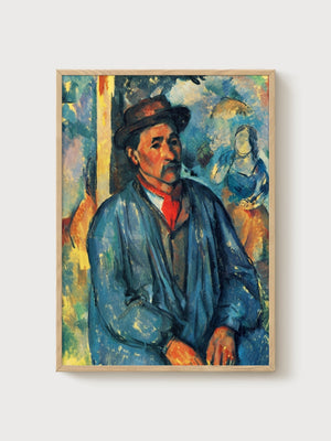 Paul Cezanne Man in a Blue Smock Portrait Painting poster in oak frame