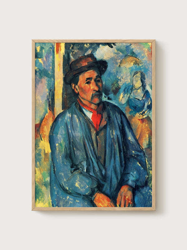 Paul Cezanne Man in a Blue Smock Portrait Painting poster in oak frame