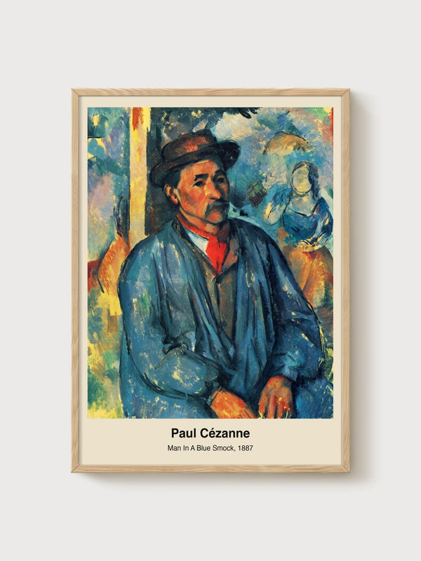 Paul Cezanne Man in a Blue Smock Portrait Painting poster in oak frame