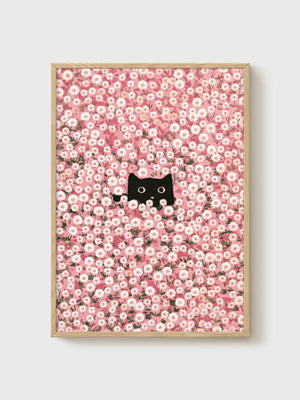 Black Cat Art Print poster in oak frame