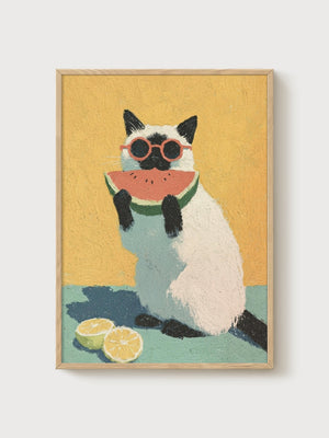 Siamese Cat Print poster in oak frame