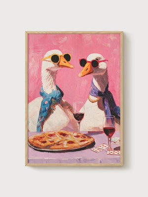 Quirky Geese Pizza Wine Print poster in oak frame