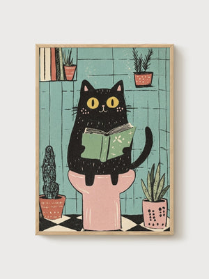 Black Cat Art Print poster in oak frame