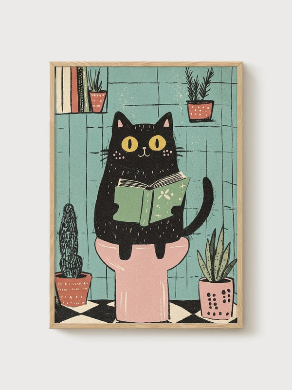 Black Cat Art Print poster in oak frame