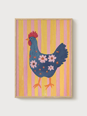 Folk Art Chicken Print poster in oak frame