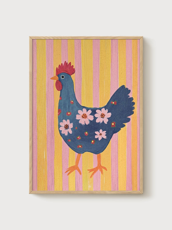 Folk Art Chicken Print poster in oak frame