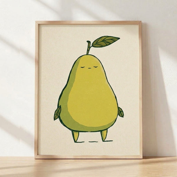Minimalist boho framed poster of a sleepy pear character with closed eyes and a gentle expression, rendered in soft pale yellow and sage green tones with a cream background and dark green leaf details.