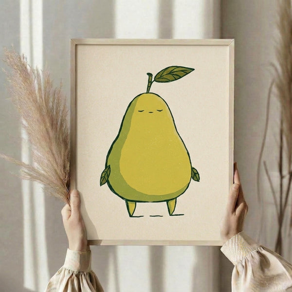 Japandi-style art print featuring a whimsical sleeping pear with serene expression, painted in muted palette of pale yellow, sage green, and cream with minimalist botanical leaf accents.