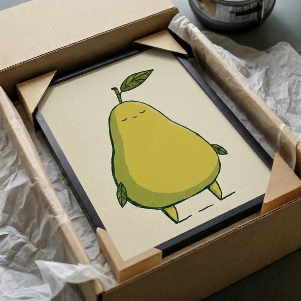 Serene framed botanical poster showcasing a peaceful, sleepy pear in boho minimalist style, using a soothing palette of pale yellow, sage green, cream, and dark green leaves.