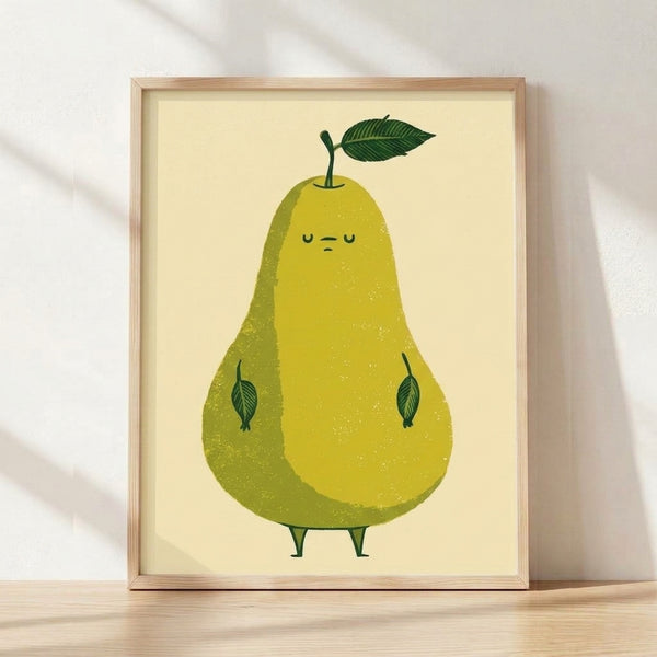 Minimalist framed poster of a quirky yellow-green pear with a dark green leaf on cream background, featuring a calm and whimsical art style.