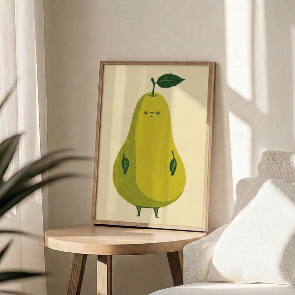 Framed modern botanical print displaying a playful pear character in soft yellow-green tones with peaceful, minimalist design sensibility.