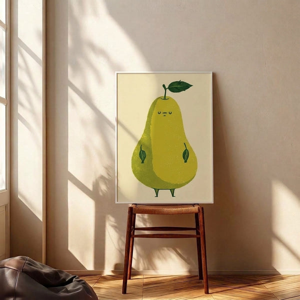 Cheerful pear art print in muted cream, yellow-green, and dark green hues, rendered in a serene minimalist style with whimsical personality.