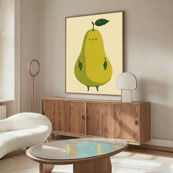 Tranquil framed wall art of a stylized pear with leaf in contemporary minimalist aesthetic, using soft cream and muted green color palette.