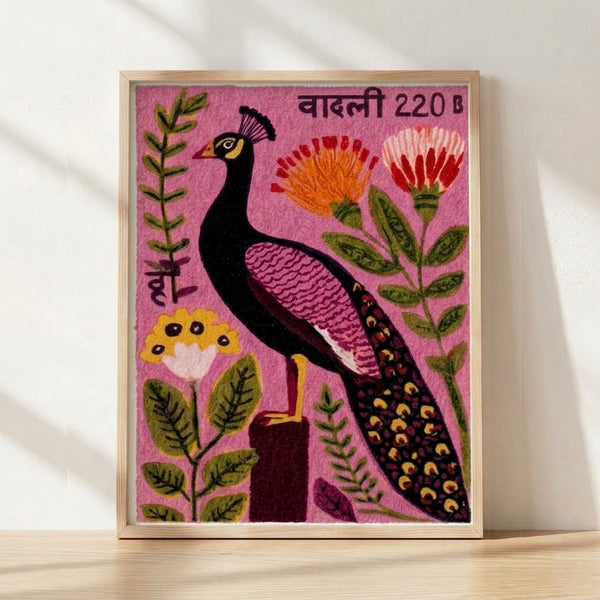 Folk art peacock framed poster in mauve pink and olive green with golden yellow and burgundy accents, surrounded by decorative flowers and botanical elements in a vintage stamp-inspired design.