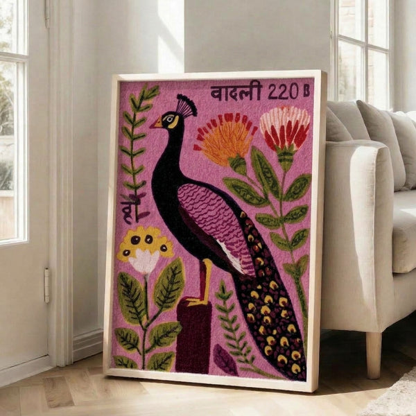 Whimsical vintage peacock art print featuring the bird amid flowering plants in earthy tones of mauve, black, and golden yellow with folk art charm.